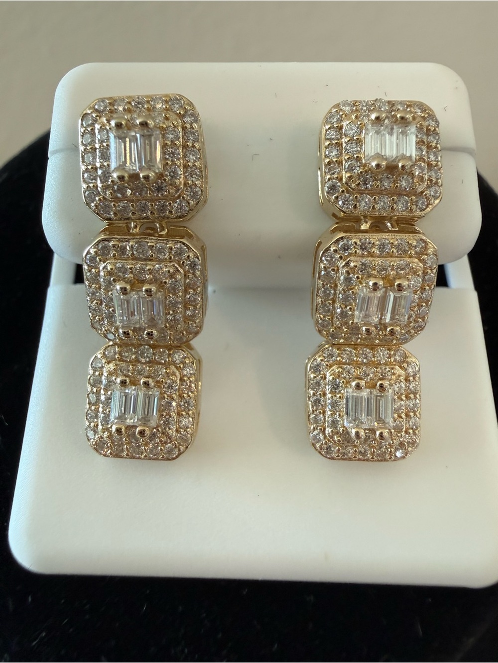 Gold Triple-Panel Cubic Zirconia Drop Earrings
